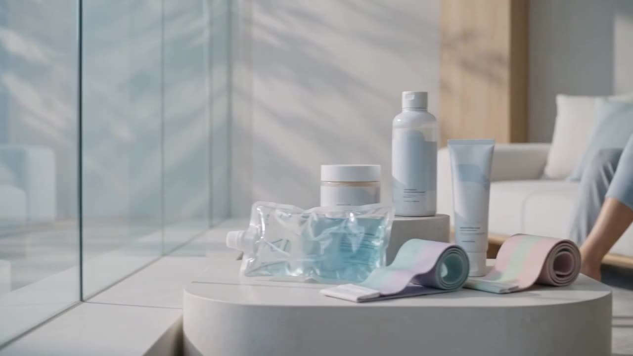 Wellness and recovery products arranged on a pale table in a bright, sunlit room.
